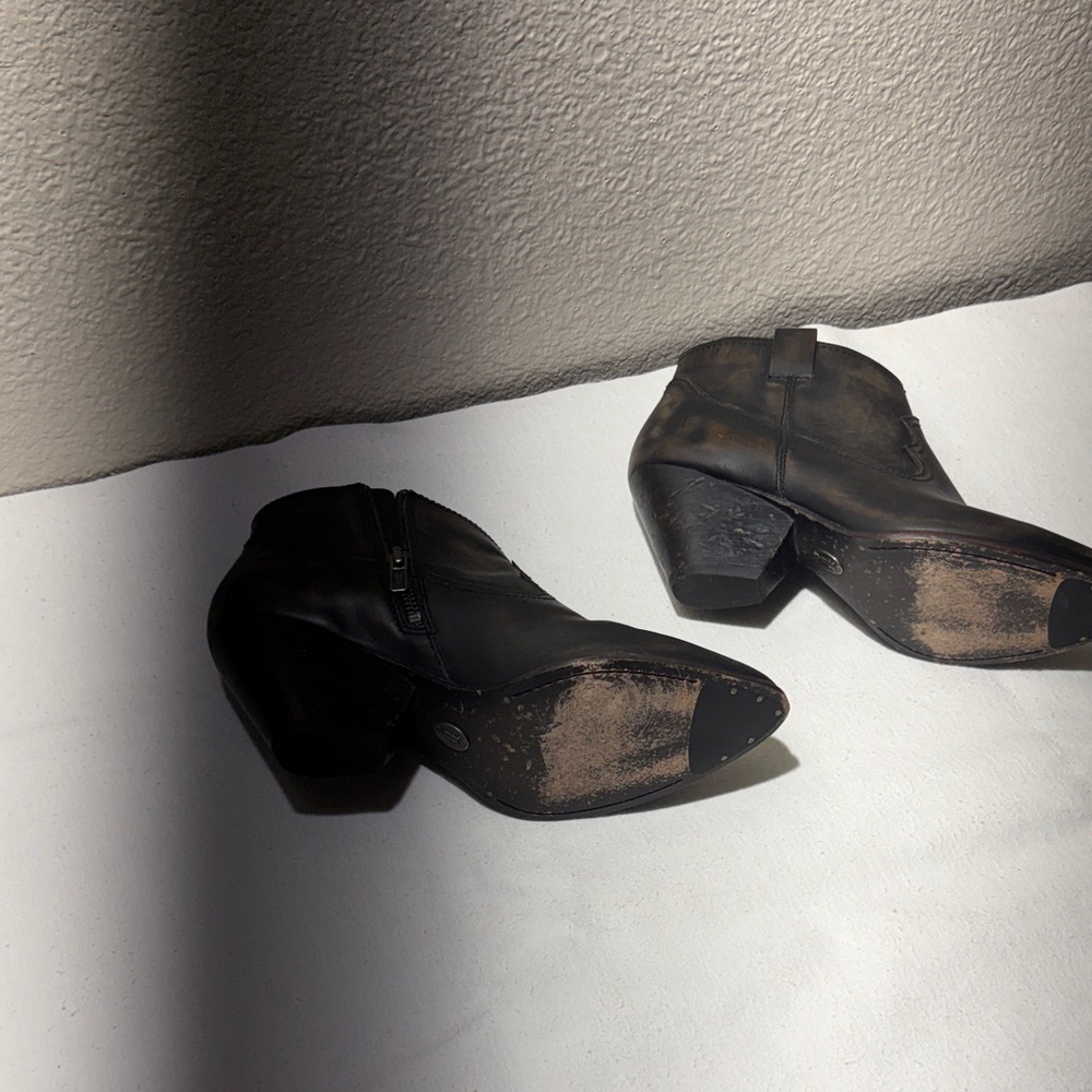 Frye Distressed Black Leather Pointed Ankle Booties - Picture 4 of 5
